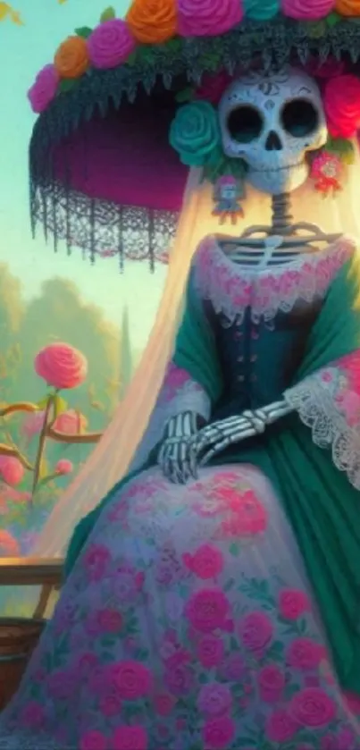 Colorful Day of the Dead skeleton with flowers.