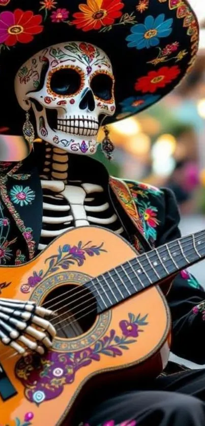Day of the Dead skeleton with guitar in vibrant attire.