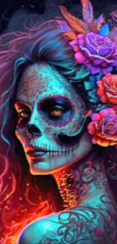 Colorful Day of the Dead skull with vibrant floral design.