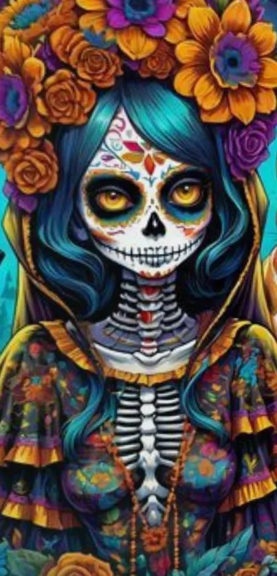 Festive Day of the Dead themed wallpaper with colorful skull art and floral design.