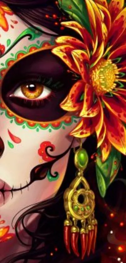 Vibrant Day of the Dead themed wallpaper with colorful floral art.