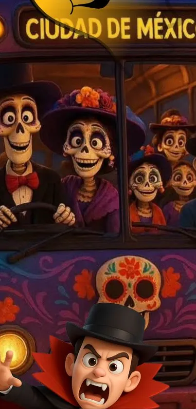 Animated skeletons on a colorful bus for Day of the Dead in Mexico.