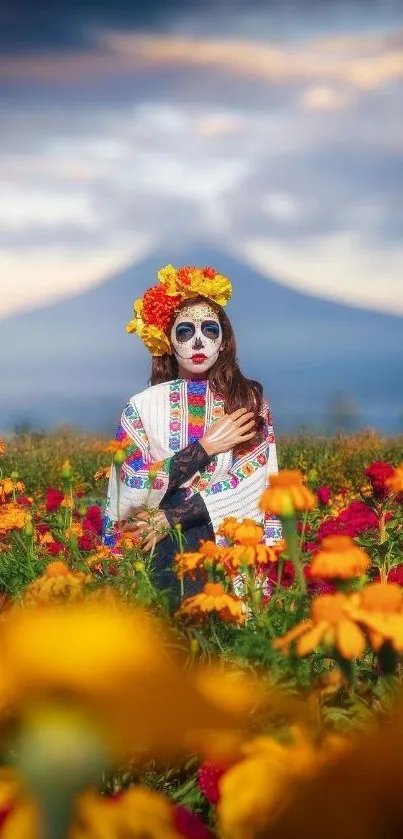 Day of the Dead Catrina in a marigold field with mountain backdrop.