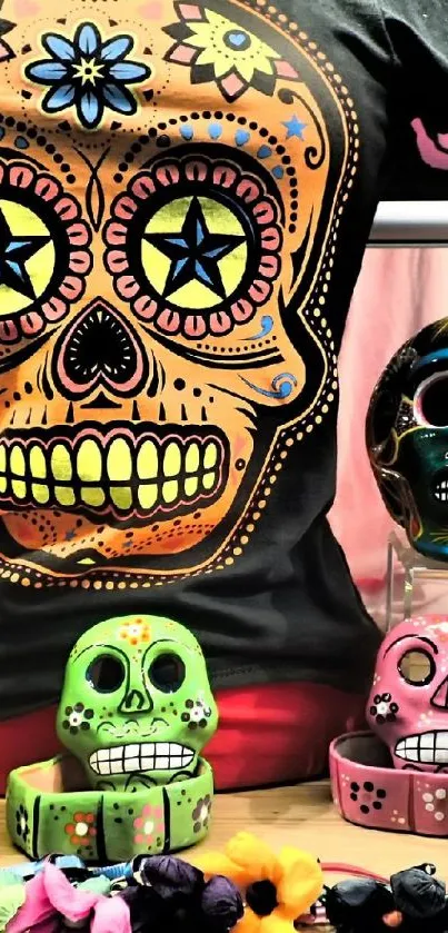 Colorful Day of the Dead skulls and flowers display.