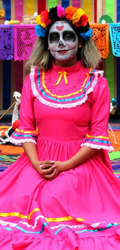 Day of the Dead costume with vibrant pink dress.