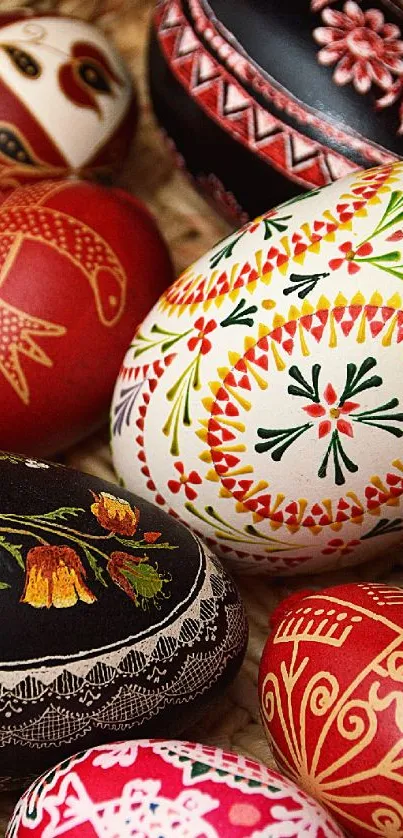 Intricately designed colorful Easter eggs in a wicker basket.