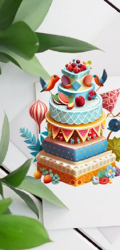 Colorful decorative cake on a white background with green leaves.