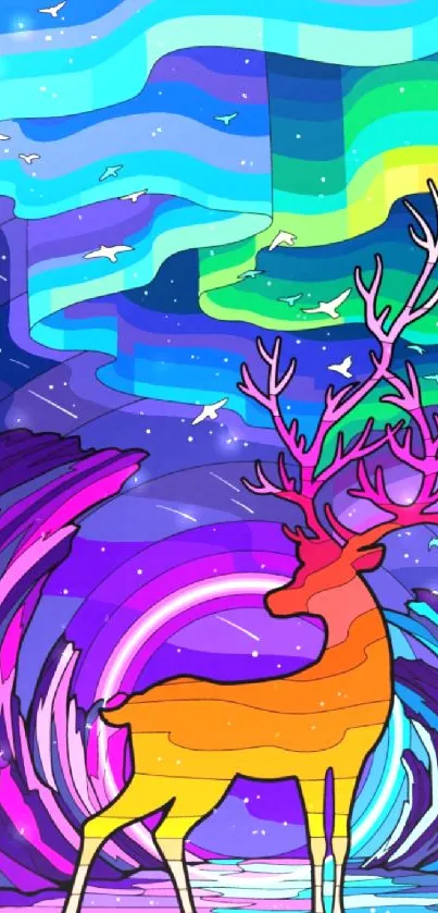 Colorful deer under aurora borealis in abstract illustration.