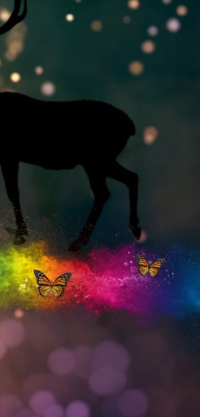 Silhouette of a deer with colorful butterflies on a vibrant background.