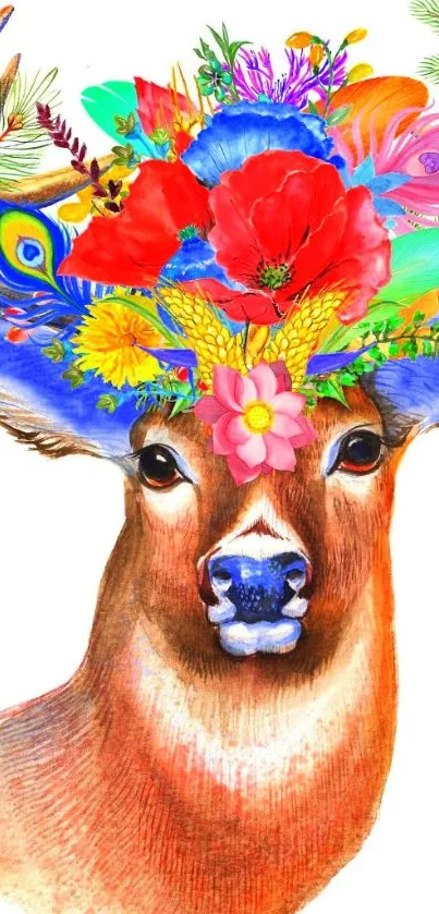 Colorful deer with a floral crown on white background.