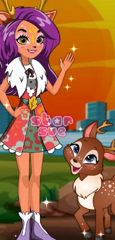 Cartoon deer girl with purple hair and a cute deer at sunset.