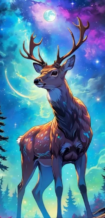 Majestic deer in a colorful, enchanted forest with a dreamy galaxy sky.