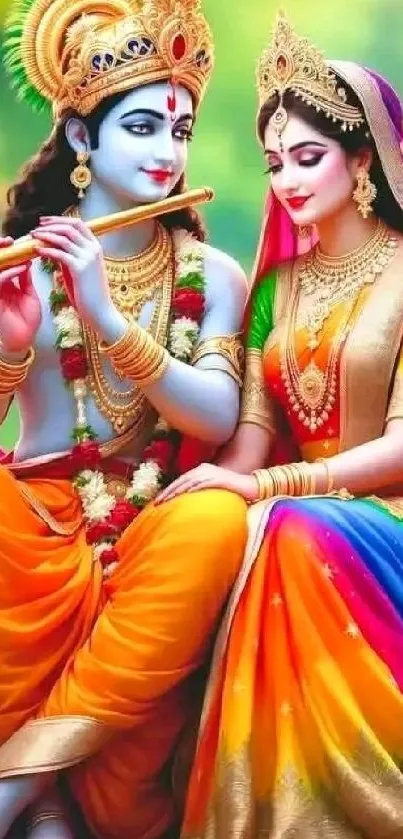 Colorful divine deities in traditional attire.