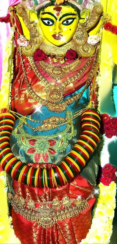 Colorful deity adorned in rich, traditional attire.