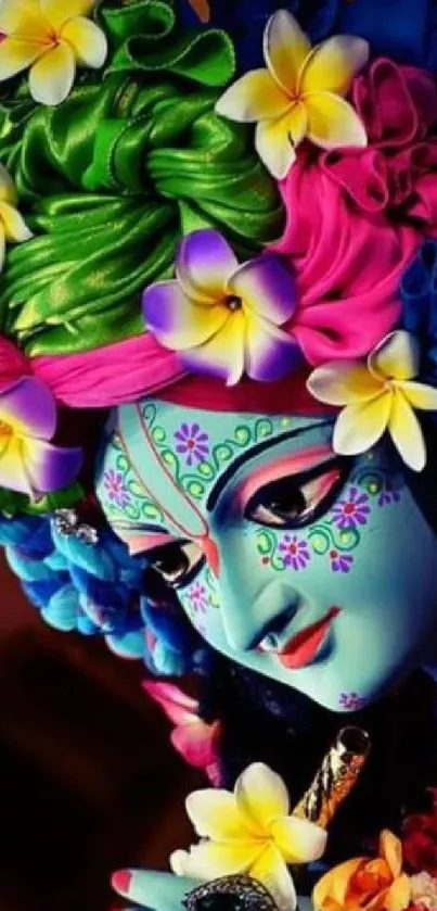 Vibrant deity with colorful floral adornments.