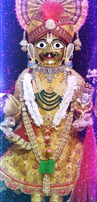 Vibrant mobile wallpaper featuring a traditional gold-clad deity.