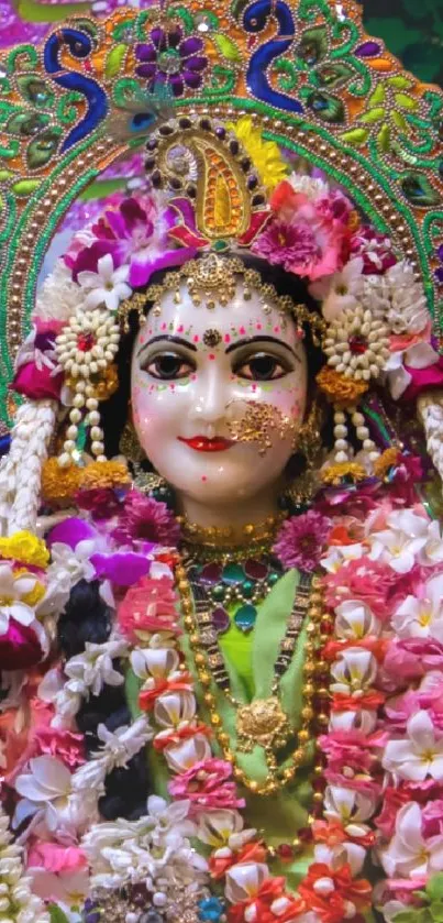 Colorful deity adorned with flowers and vibrant attire.