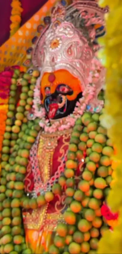 Deity adorned with colorful beads and rich traditional attire.