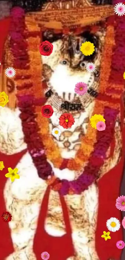 Deity image with colorful garlands and vibrant floral decorations.