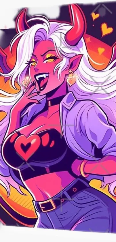 Colorful demon girl illustration with vibrant hues of purple and pink.