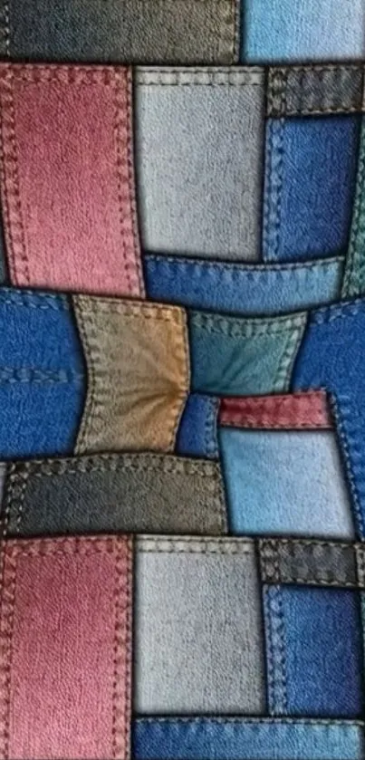 Colorful denim patchwork wallpaper design with stitched fabric pieces.
