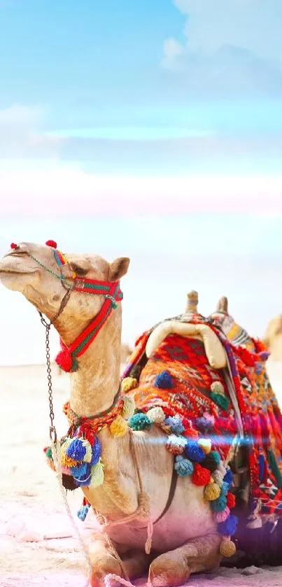 Colorful camel resting in sunny desert with blue sky.