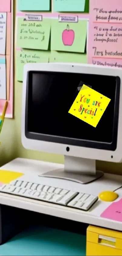 Retro computer with colorful notes and 'You are Special' sticker.