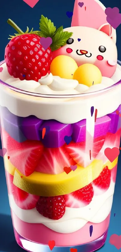 Vibrant dessert wallpaper with fruits and cute topper.