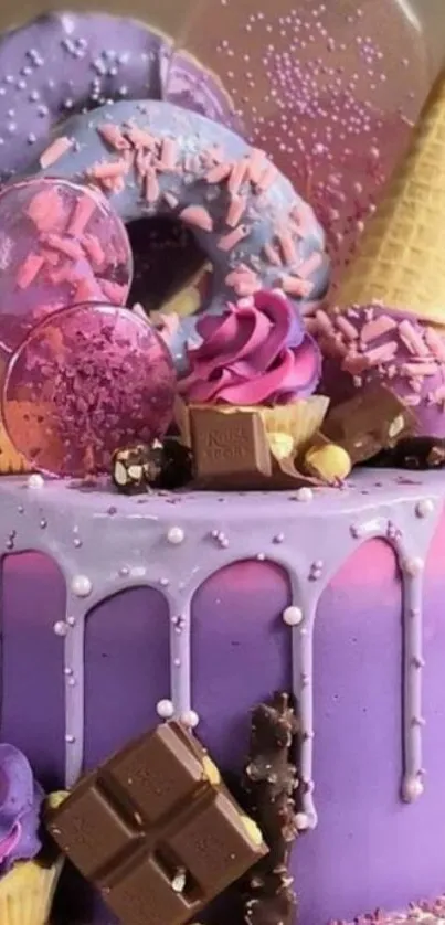 Lavish purple cake with donuts, chocolates, and colorful candies.