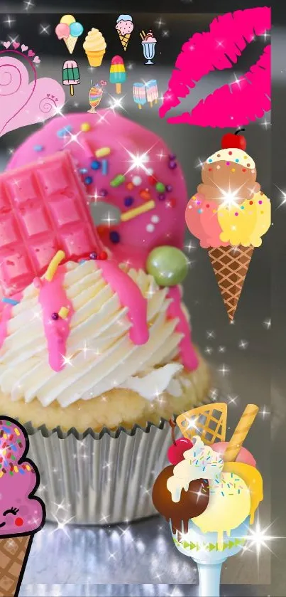 Vibrant cupcake with pink frosting and ice cream illustrations.