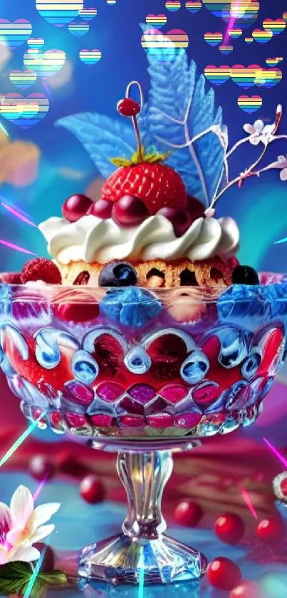 Colorful dessert and berries in a crystal bowl with vibrant background.