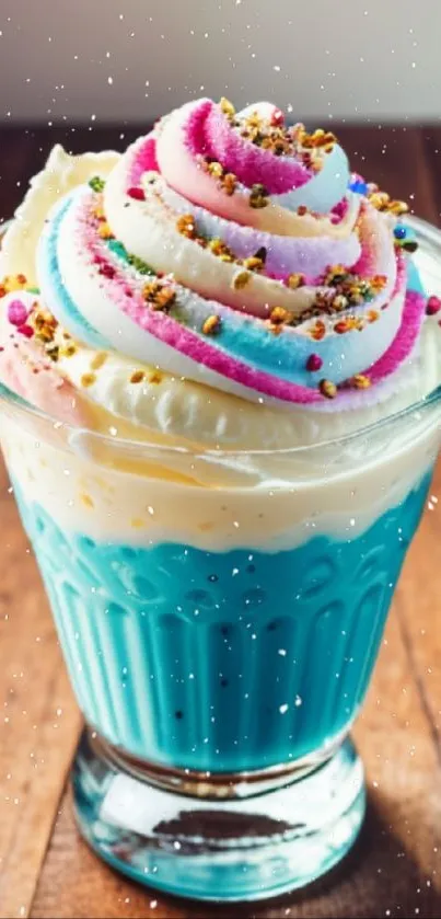 Vibrant dessert with colorful cream swirl in a glass on a wooden table.
