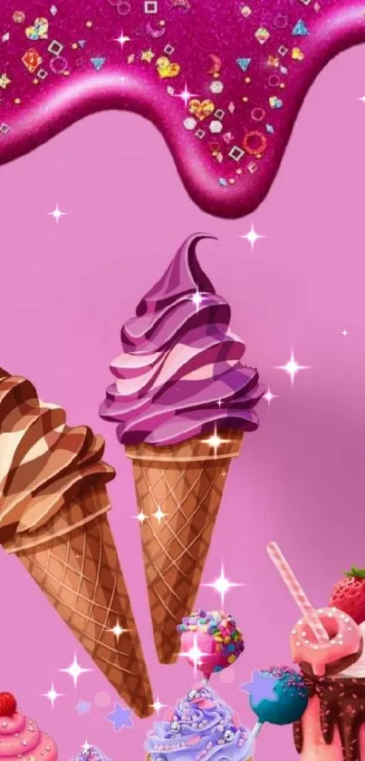 Colorful dessert wallpaper with ice cream and cupcakes on a pink background.