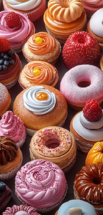 Colorful array of donuts and pastries, perfect for a vibrant wallpaper.