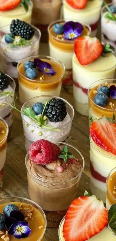 Colorful dessert cups with fruits and garnishes.