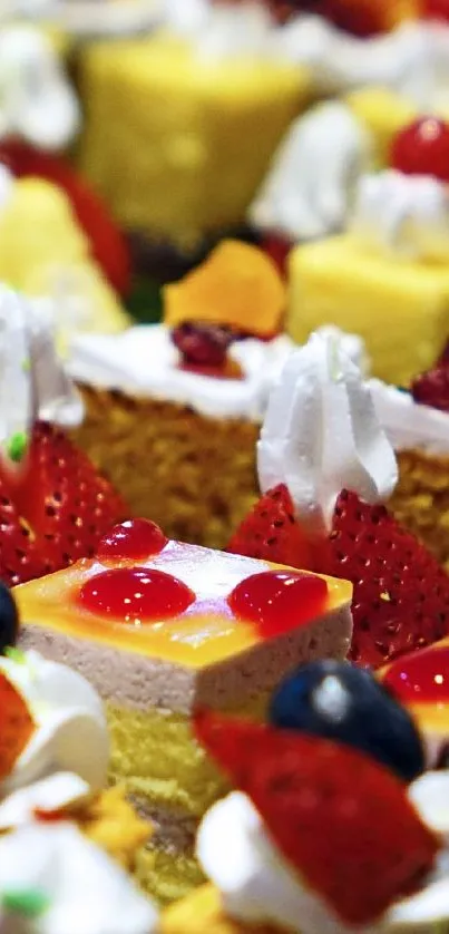 Colorful assortment of decorated cakes and desserts with fruits.