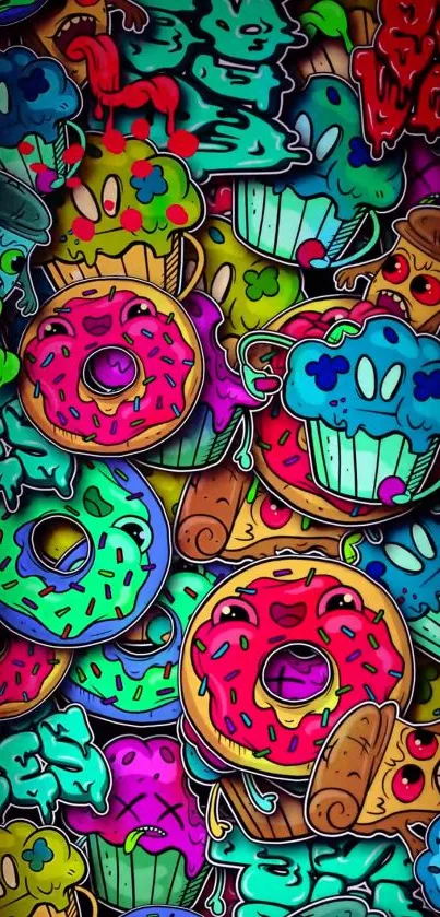 Colorful wallpaper with dessert doodles and vibrant colors.