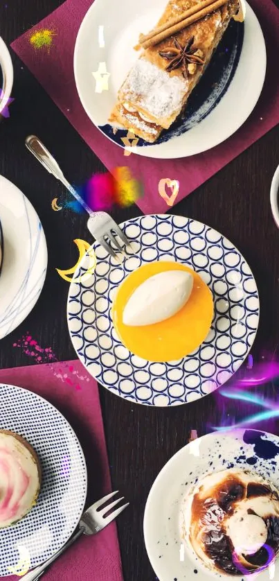 Colorful array of desserts and coffee cups on a dark wooden table.