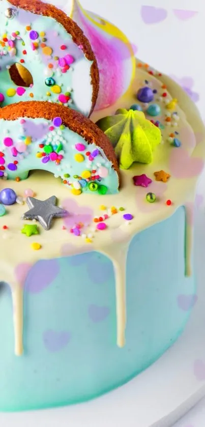 Colorful cake with donuts and macaroons as mobile wallpaper.