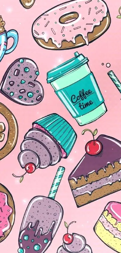 Dessert-themed wallpaper with donuts, cupcakes, and coffee on a pink background.