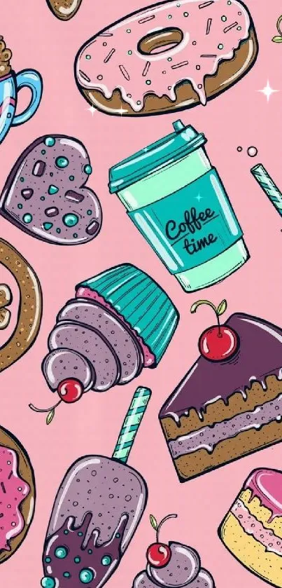 Colorful dessert pattern wallpaper with pink background.