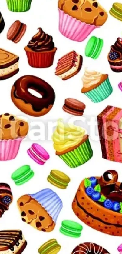 Colorful dessert pattern wallpaper with cakes, cupcakes, and macarons on a white background.