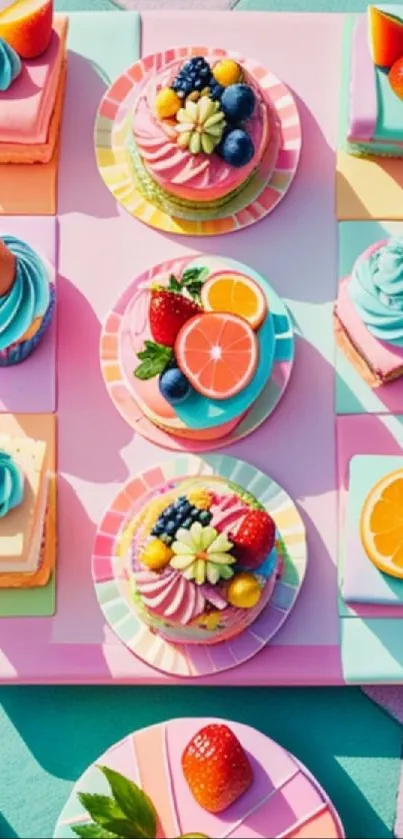 Colorful dessert wallpaper with fruits and cupcakes.