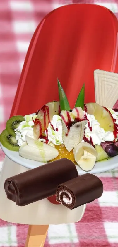 Colorful dessert with fruits on a red popsicle.