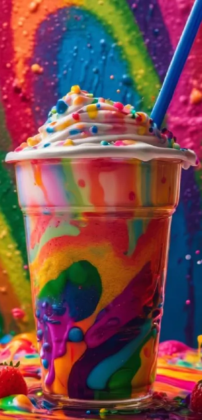 Vivid rainbow dessert in a cup with a straw on a vibrant background.