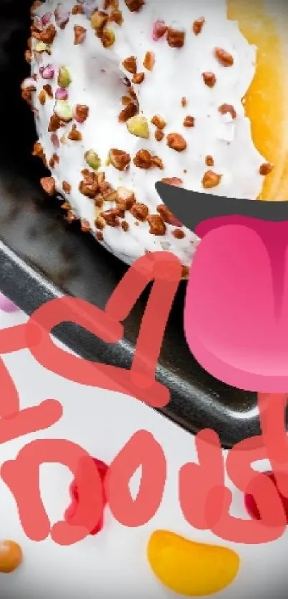 Ice cream and waffles with candies and chocolate on a fun wallpaper.