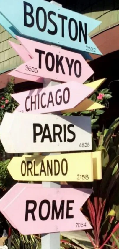 Colorful signpost with city names like Boston and Tokyo.