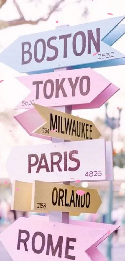 Pastel direction signs pointing to cities like Boston and Tokyo.