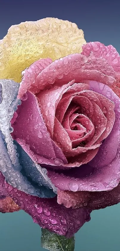 Colorful rose with dew, perfect for mobile wallpaper.