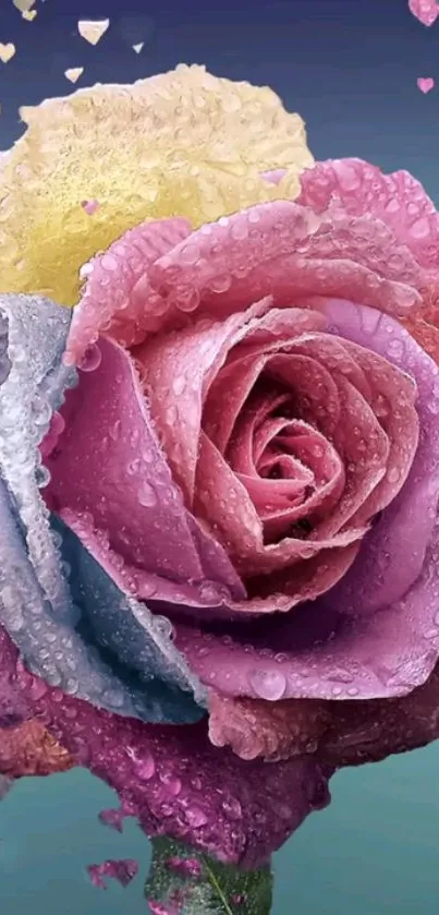 Colorful rose with dewdrops on petals, ideal for mobile wallpaper.